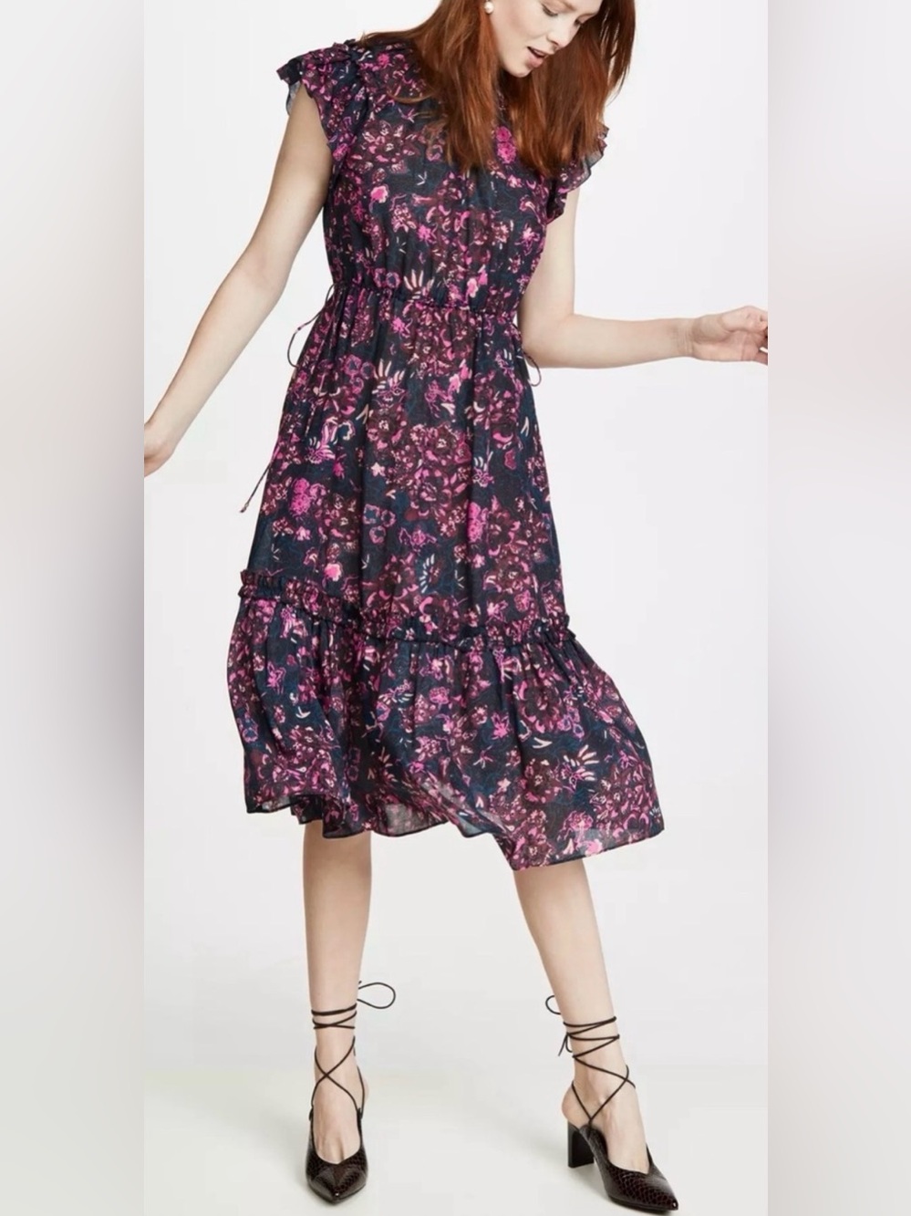 Ulla Johnson Arlene Maxi Dress Navy Blue Pink Floral Flutter Sleeve Tiered Sz 0 - Picture 3 of 8